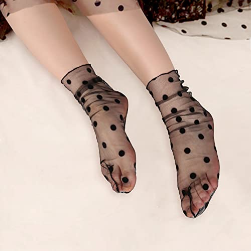 Womens Girls Black Sheer Mesh Fishnet Novelty Ankle Loose Socks See Through Lace Decorated Slouch Socks 5 Pairs,Black Star Rose Polka #TOP4