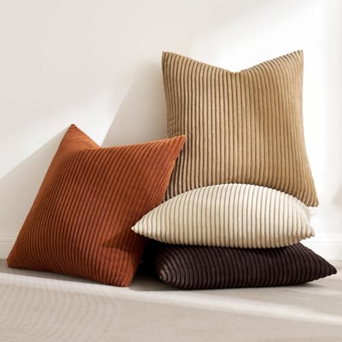 Image of MIULEE Boho Farmhouse Throw Pillow Covers 20x20 Inch Set of 4 Rustic Mordern Neutral Cushion Covers Soft Corduroy Nordic Fall Home Decor for Couch Bed Sofa Living Room Chocolate Brown /Rust