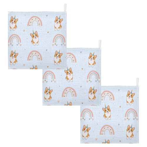 Image of vvfelixl Corgi Hearts Rainbows Baby Burp Cloths Baby Muslin Washcloths for Boys Girls Cotton Baby Face Towel for Newborn Infants Soft and Absorbent 11.8 X 11.8 in, 5 Pack