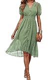 PRETTYGARDEN Women's Green Dress Midi High Low Hem Vintage Wrap V-Neck Dress Puff Short Sleeve Boho Long Dresses Summer Beach Elastic Waist Long Dress (Light Green, Large)