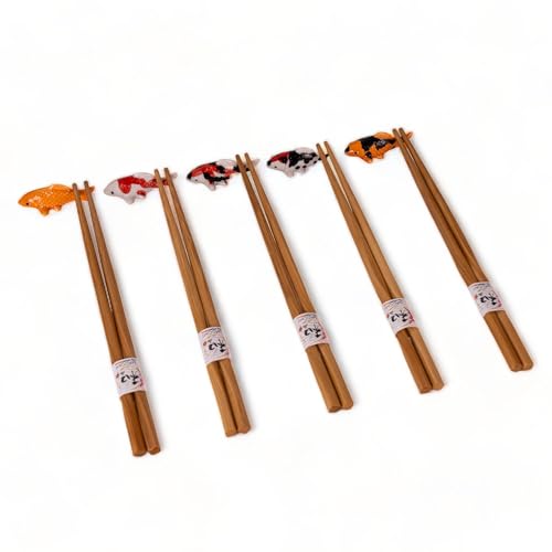 5 Pair Japanese Asian Bamboo Chopsticks Set with Ceramic Koi Fishes Rest In Gift Box