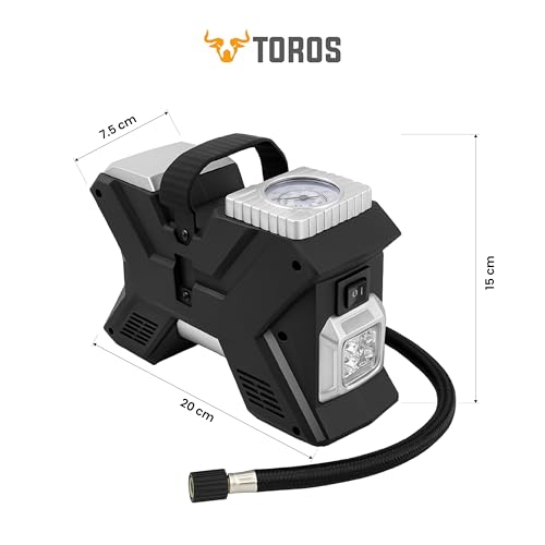 Image of TOROS Premium Heavy-Duty Tyre Inflator /Air Compressor,120 Watts, Copper Armature, Metal Cylinder, 35 Liters Per Minute, 12V Dc, 150 Psi 15 Months Warranty (PREMIUM)