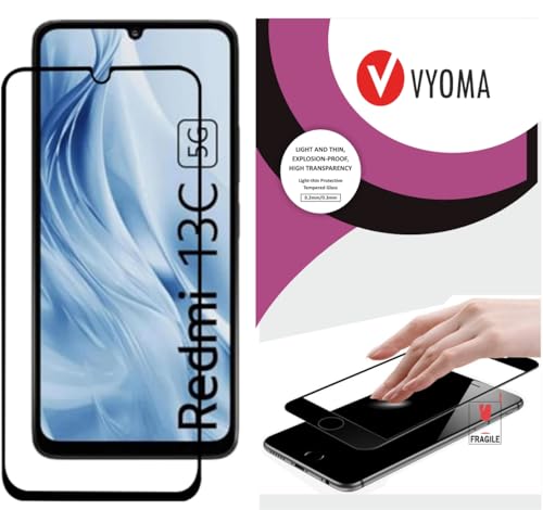 Image of VYOMA Military-Grade Gorilla Tempered Glass for Redmi 13C 5G /Poco M6 5G (Black) Edge to Edge Screen Protectors, High Clarity, 9H Hardness, Scratch Resistant, Military-Grade, Shatterproof, Screen Guard with Easy Installation Kit