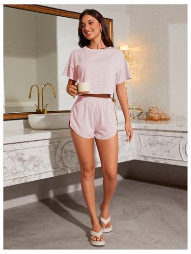 Image of OYOANGLE 2 Pack Pajama for Woman Set Summer Cute PJ Sets Striped Short Sleeve Tshirt and Split Shorts Lounge Set