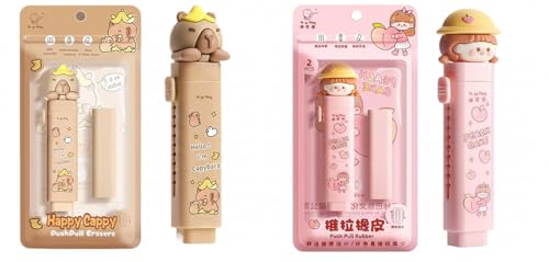 Image of Parshya Push Pull Erasers Set (2-Pack) - Cute Capibara and Peach Girl Pop Up Retractable Rubber Pencil Eraser for Kids School Supplies, Novelty Stationery Gifts