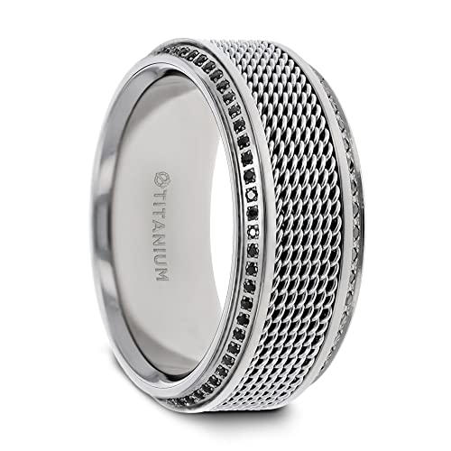 Thorsten Gauntlet | Titanium Rings for Men | Lightweight Titanium | Comfort Fit | Steel Chain Titanium Wedding Ring Polished Beveled Edges Set with Round Black Diamonds - 10 mm