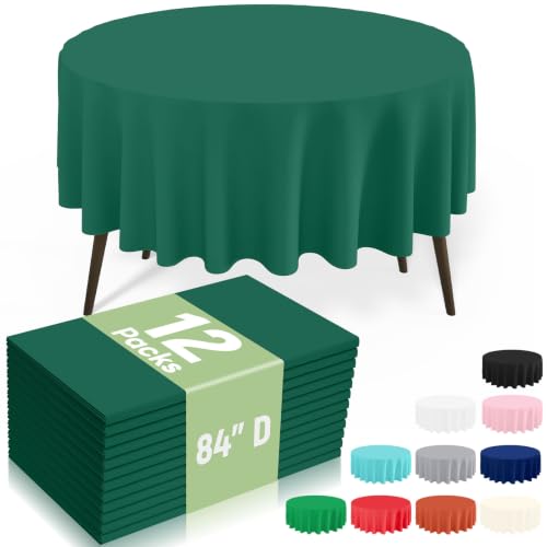 Image of misaya 12 Packs Disposable Plastic Table Cloth, 84 inch Round Waterproof Tablecloth, Leakproof & Sturdy Decorative Table Covers for Picnic, Party, Outdoor and Back to School, Christmas Green