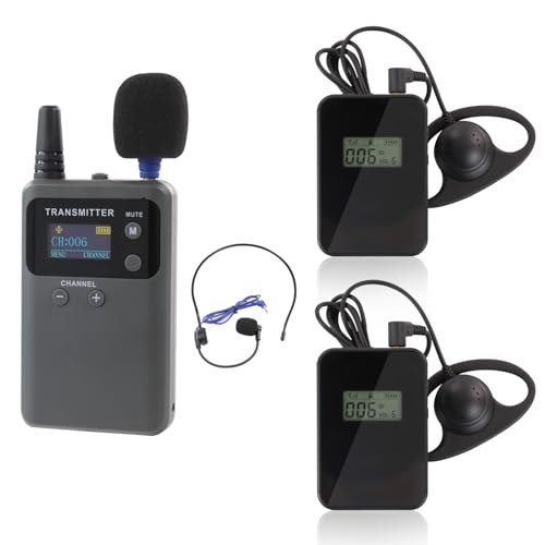 LOUKIENE Wireless Tour Guide System, Simultaneous Interpretation Translation System Assisted Listening 492feet for Training Church Court Sermon Tours with Charging Cables (1 Transmitter + 2 Receivers)