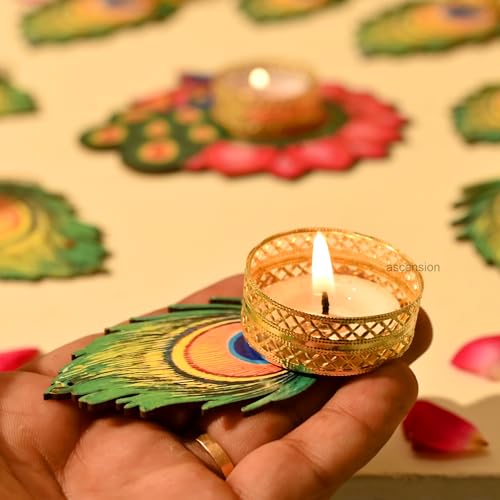 Image of Ascension Decorative Peacock Tealight Candle Holder Stand Set of 9 - Mor Pankh Design Reusable Diya for Diwali Floor Rangoli Decoration Items, Home Decor, Diyas Indoor Outdoor Office Gifting,