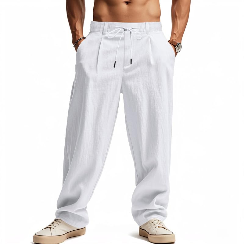 ZOCANIA Mens Pants Linen Loose Fit Casual Lounge Pants Elastic Drawstring Waist Straight Leg Lightweight Yoga Trousers