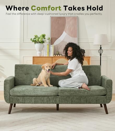Tbfit 77.2" W Linen Sofa Couch, Mid Century Modern Decor Loveseat Couches for Living Room, Button Tufted Upholstered Small Couch for Bedroom, Solid, and Easy to Install Love Seats Furniture, Green | linen fabric, button tufted, solid wood foot, pocket spring, wood slats frame