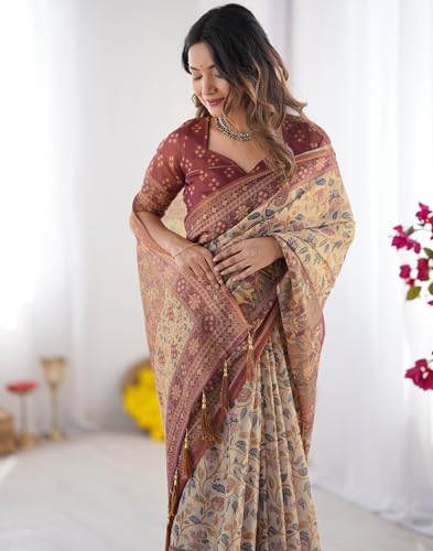 Image of SIRIL Women's Cotton Linen Kalamkari Printed Handloom Saree with Unstitched Blouse Piece