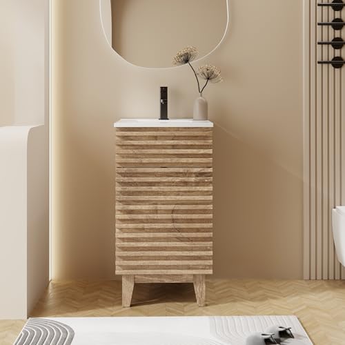 eclife 18 Bathroom Vanity with Sink Combo Mid-Century Freestanding Cabinet with Wood Stripes Decor Adjustable Shelf Undermount White Single Sink Faucet Drain Light Walnut