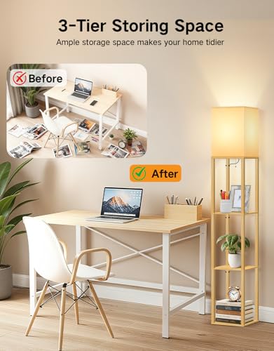 OUTON Stehlampe Holz mit Regal, 158 cm Stehleuchte, 3 Ablagen, 3 Farbtemperaturen, inkl. 9W E27 LED-Leuchtmittel, Stoffschirm für Wohnzimmer, Schlafzimmer, Büro, Flur und Gästezimmer