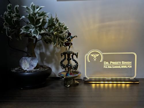 Image of Customized Laser Marking Signage Name Plate For Table Stand, For Doctor, For CA, For Dentist, For Office, Warm White Light (6x8 Inch)
