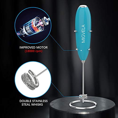 Image of Coffee Milk Frother Handheld Double Whisk Electric Drink Mixer Battery Operated One-Button Hand Held Foam Maker with Stand for Coffee Latte Cappuccino Hot Chocolate (Blue)