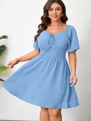 Image of RWJ Women Plus Size Summer Dress Short Sleeve Tie Front Sweetheart Neck Casual Mini Wedding Guest Dresses 2025