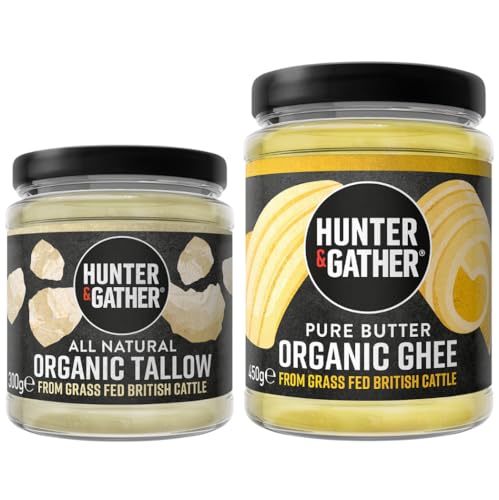 Hunter & Gather Certified Organic Ghee 450g & Tallow 300g from Grass Fed British Cattle | Sugar, Gluten & Seed Oil Free & Low Lactose content | Keto, Low Carb & Paleo
