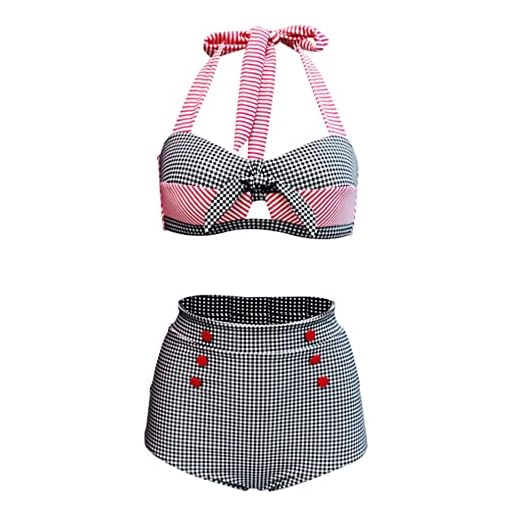 Viloree Retro rockabilly dam push-up hög midja bikini set baddräkt shapping effekt, Rutor och ränder, S