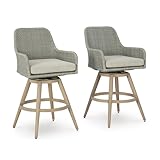 Signature Design by Ashley Seton Creek Casual Nuvella Weather Resistant Fabric, Resin Wicker Swivel Outdoor Bar Height Bar Stool with Cushion, Footrest and Armrest, Set of 2, Beige & Light Gray