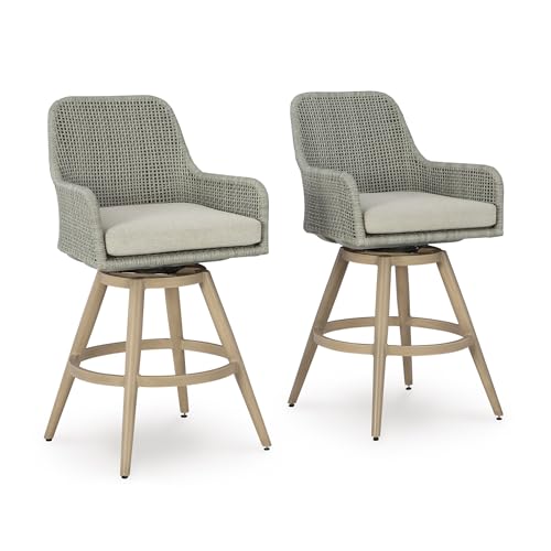 Signature Design by Ashley Seton Creek Casual Nuvella Weather Resistant Fabric, Resin Wicker Swivel Outdoor Bar Height Bar Stool with Cushion, Footrest and Armrest, Set of 2, Beige & Light Gray