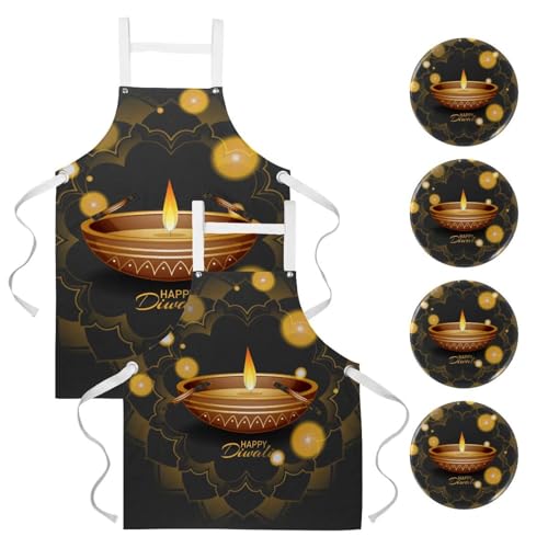 Lot de 2 tabliers de cuisine avec 4 broches imprimé Mandala Happy Diwali
