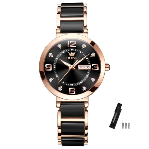 Image of OLEVS Women's Watch Quartz Diamond Dial 30M Waterproof Elegant Black Ceramic Bracelet Watch Luminous Hands for Daily Wear Office Lady