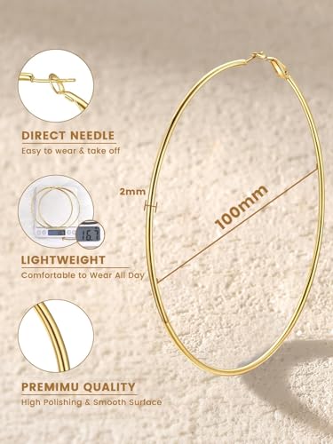 KeyStyle Gold Hoop Earrings for Women, Stainless Steel Hoops Earring Lightweight Loops, 2 mm Thick Hypoallergenic Circle Endless Thin Hoop (30 mm,50 mm,70 mm,100 mm) 6