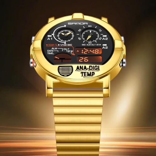 Gosasa Men's Analog Digital Watch Temperature Display Stainless Steel Band (Gold Black) - 4