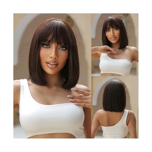 Perruque synthétique Bob courte marron foncé avec frange lisse style Lolita