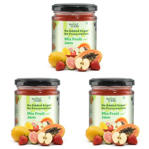 Image of Sweetmate Mix Fruit Jam for Kids and Adults - (220g) | 100% Pure No Added Sugar | With Real Fruit Pulp | Naturally Sweetened | Diabetic and Keto Friendly | Delicious Jam (Pack of 3)