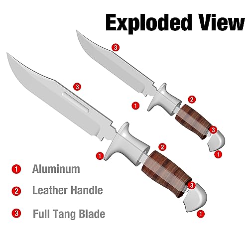 FLISSA 2-piece Bowie Knife with Sheath, Fixed Blade Hunting Knife with Leather Handle for Outdoor, Camping, Survival, Hiking