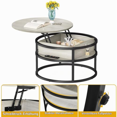 YITAHOME Couchtisch Höhenverstellbar, Runder Couchtisch mit Verstecktem Ablagefac, Beistelltisch Rund mit Stauraum… – Ansicht 4