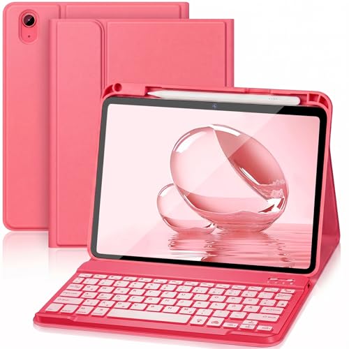 Hülle Tastatur für iPad (A16) 11./10. Generation (2025/2022), (11/10.9 Zoll) - QWERTZ, 7 Farben Beleuchtete, Magnetische Abnehmbar Bluetooth Tastatur, Soft TPU Rückseite Gehäuse mit Stifthalter (Pink) 1
