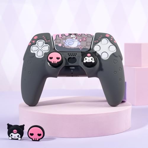 Image of Kuitmor Silicone PS5 Controller Cover Skin Set, Anti-Slip Soft Protective Case for PS5 Wireless Controller with 2 Thumb Grip Caps and 1 Sticker (Black Kuromi)