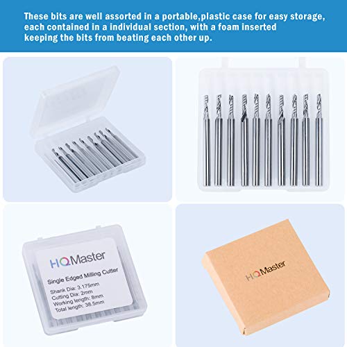 Hqmaster Cnc Router Bits, 10 Pack 1/8” Shank Spiral Upcut Router Bit 1 Flute End Mill Set Milling Cutter 2Mm Cutting Single Flute Tungsten Steel Engraving Tool 8Mm Cel, 38.5Mm Oal For Mdf Acrylic Pvc #TOP1