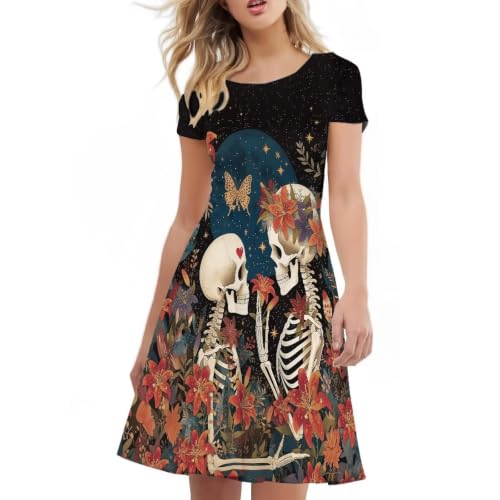 Image of HUGS IDEA Womens Puffy Swing Midi Dress Round Neck Short Sleeve Party A-Line Dresses