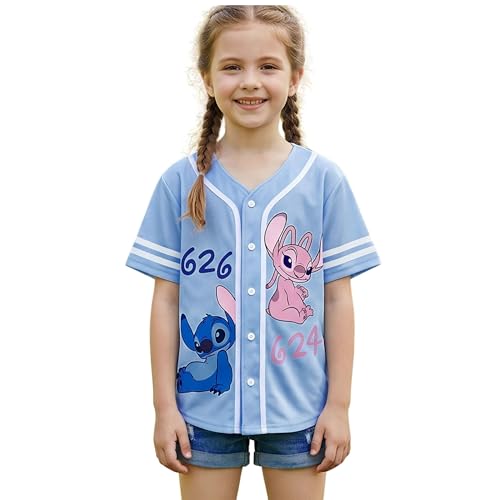 Image of Disney Lilo & Stitch Girls Baseball Jersey Shirt Button Down Kids Tee Stitch Angel Sizes 4-16