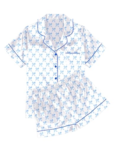 Image of Ekouaer Womens Silk Satin Pajama Sets Soft Short Sleeve Button Down Sleepwear Top and Shorts 2 Piece Pjs Lounge Set