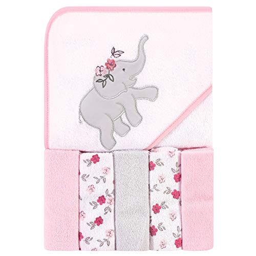 Image of Hudson Baby Unisex Baby Hooded Towel and Five Washcloths, Floral Elephant, One Size