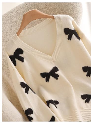 Women's Plus Size Bow Sweaters V Neck Long Sleeve Knit Pullover Tops Soft Knitwear4