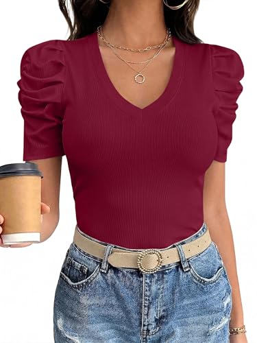 Womens Puff Short Sleeve Tops V Neck T Shirts Summer Fitted Ribbed Knit Trendy Work Shirts 2026 Wine Red