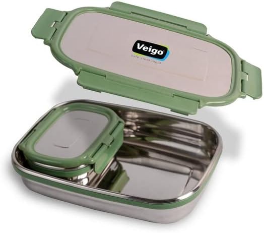 Veigo Jumbo Stainless Steel Lunch Box with Small Veg Box (950ml + 180ml)| Leakproof, Airtight & Durable Design with Detachable Clips | Ideal for School Kids | Office Tiffin| Military Green