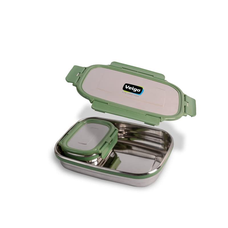 Veigo Jumbo Stainless Steel Lunch Box with Small Veg Box (950ml + 180ml)| Leakproof, Airtight & Durable Design with Detachable Clips | Ideal for School Kids | Office Tiffin| Military Green