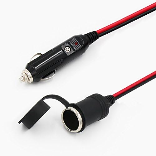 KUNCAN 12FT Car Cigarette Lighter Socket Extension Cable with Male Plug, 16AWG Heavy Duty DC Power Charger Cord with LED Lights, 15A Fused