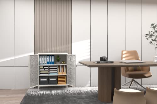 Jaord Metal Display Storage Cabinet,Floor Cabinet With Double Glass Doors And Shelves，Modern Accent Cabinet For Living Room,Office,Home (White) #TOP6