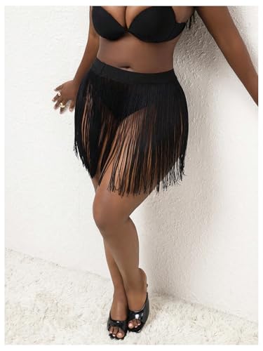 WDIRARA Women's Plus Size Fringe Cover Ups Mini Beach Skirts Tassel High Waisted Swimsuit Coverup4