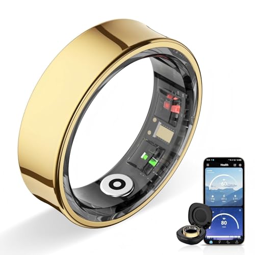 Potewek Smart Ring Health Tracker Fitness & Sleep Monitoring Ring with Heart Rate & Blood Oxygen Waterproof Activity Tracker Rings for Men Women Compatible with iOS & Android (Gold 7)