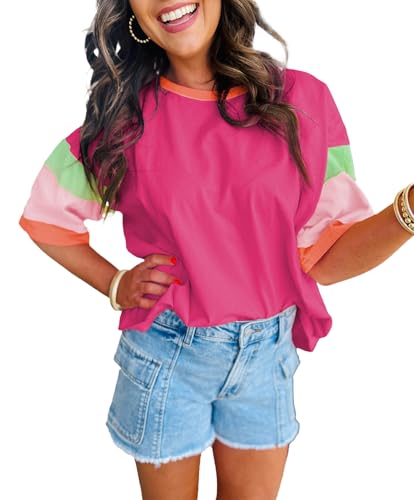 miduo Womens Casual Loose Fit Color Block Stitching Short Sleeve Crew Neck Top T Shirts