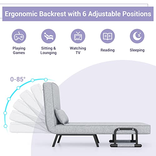 COSTWAY Folding Sofa Bed, 4-in-1 Convertible Single Sofa Chair Bed with 6-Position Adjustable Backrest and Pillow, Padded Seat Lounge Couch Guest Sleeper Recliner Armchair for Living Room (Light Grey)